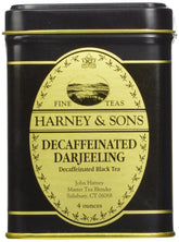 Harney & Sons front tin showing decaffeinated Darjeeling label and storage benefit