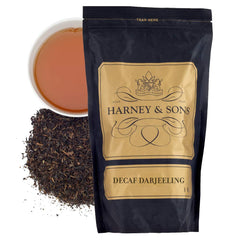 Harney & Sons pouch front view showing decaf Darjeeling branding and benefits