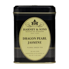 Harney & Sons brewed cup beside tin illustrating light floral tea and serving suggestion