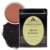 Harney & Sons Fruits d'Alsace front tin showing decorative label and 4 oz size, highlights gift-ready packaging
