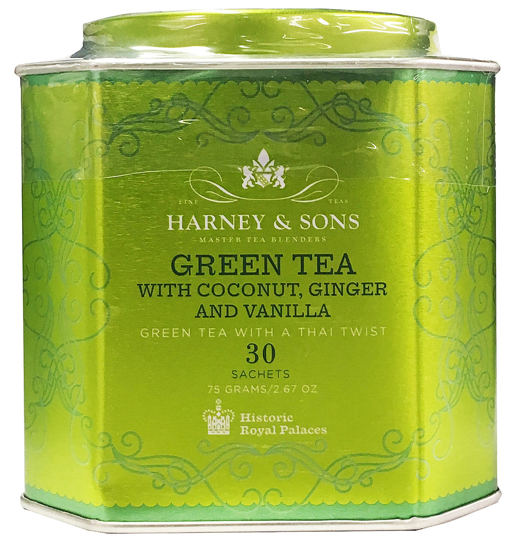 Harney & Sons front packaging showing coconut ginger vanilla blend and 30 sachets benefit: convenient, flavorful brewing