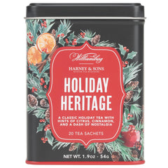 Harney & Sons tin front showing 20 sachets and seasonal design for gifting