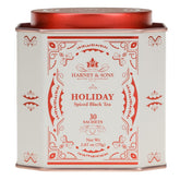 Harney & Sons tin front view showing festive packaging and easy storage benefit