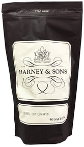 Harney & Sons front packaging showing 50 sachets and cinnamon imagery for flavorful convenience