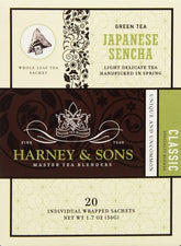 Harney & Sons front packaging showing 20 sencha sachets, ensures fresh daily brewing