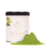 Harney & Sons tin front view showing organic matcha branding and compact size, fresh storage benefit