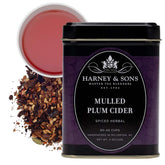 Harney & Sons front tin showing Mulled Plum Cider label and warm packaging appeal