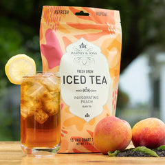 Harney & Sons chilled pitcher of peach iced tea ready to serve for gatherings benefit