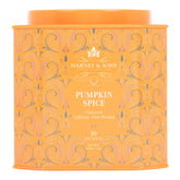 Harney & Sons tin front view showing pumpkin spice branding and elegant packaging benefit: gift-ready presentation