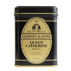 Harney & Sons front tin displaying Queen Catherine label and elegant packaging benefit gift-ready