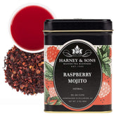 Harney & Sons tin front view showing Raspberry Mojito label and portability