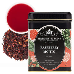Harney & Sons tin front view showing Raspberry Mojito label and portability