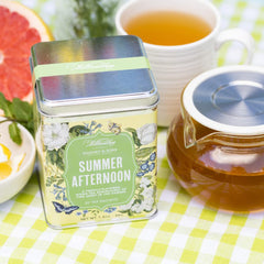 Harney & Sons brewed cup in a sunny kitchen highlighting refreshing citrus-floral benefit
