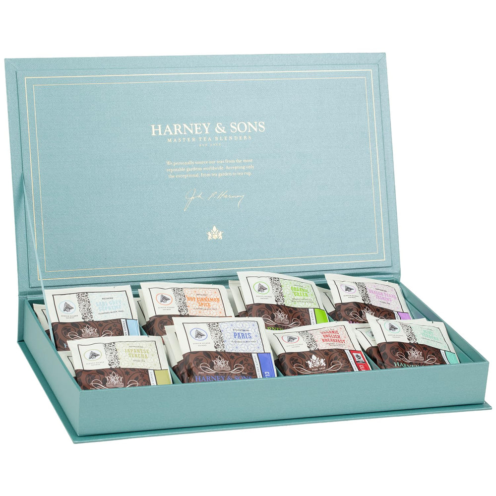 Harney & Sons teal chest front packaging showing eight compartments and gift-ready presentation