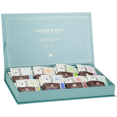 Harney & Sons teal chest front packaging showing eight compartments and gift-ready presentation