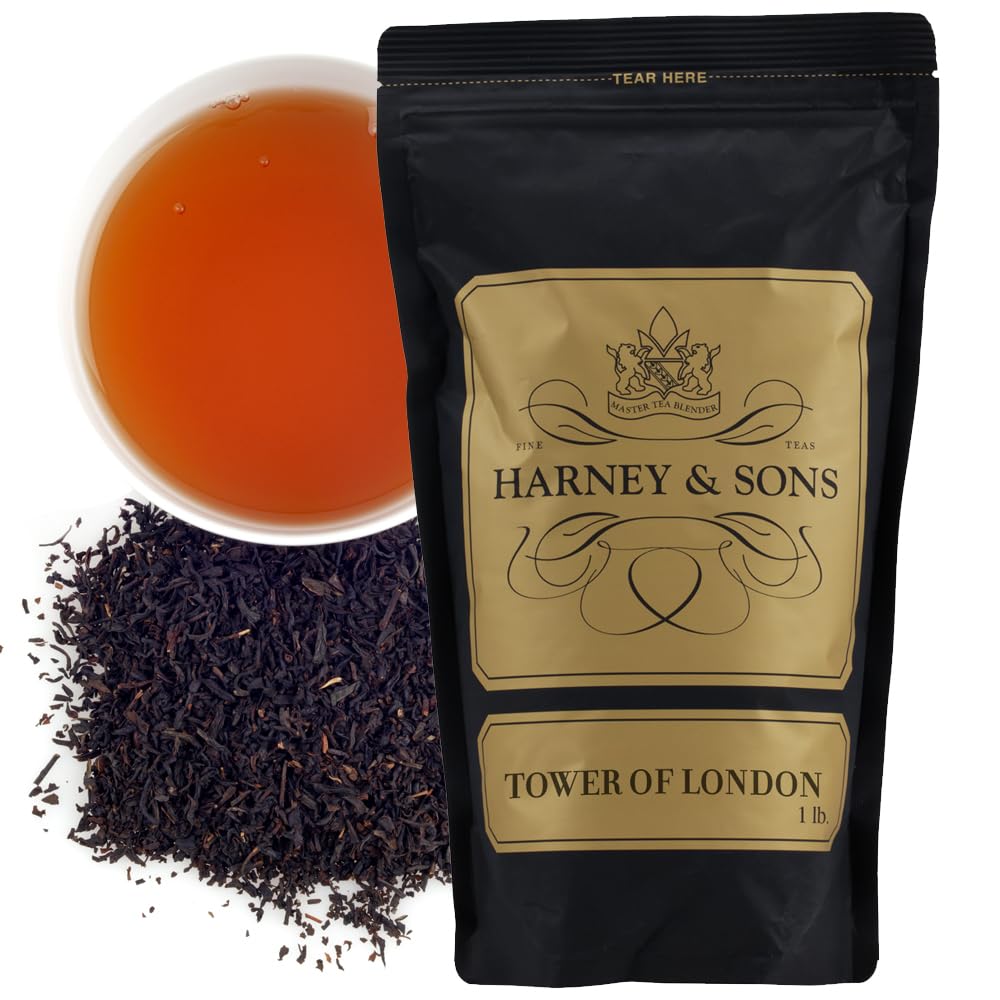 Harney & Sons front packaging of Tower of London 16 oz bag highlighting blend and resealable bag benefit