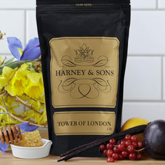Harney & Sons close-up of Tower of London loose leaves showing fruit pieces and aroma for brewing