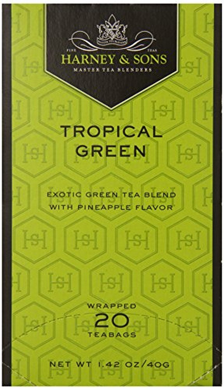 Harney & Sons front packaging showing tropical green boxes and quantity benefits