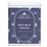Harney & Sons tin front showing True Blue Oolong and packaging benefit