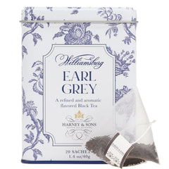 Harney & Sons Williamsburg Earl Grey tin front showing decorative Arcadia pattern and branding for display benefit
