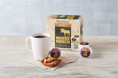 Harry & David brewed Moose Munch coffee in cup showing smooth caramel-chocolate look
