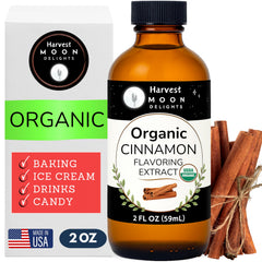 Harvest Moon Delights front bottle shows organic cinnamon extract and clear benefits