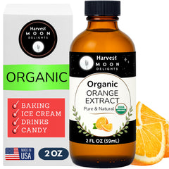 Harvest Moon Delights front bottle view showing organic orange extract benefit: clear citrus flavor
