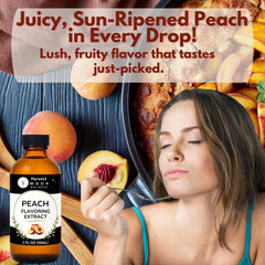 Harvest Moon Delights bottle beside baked peach cobbler illustrating enhanced dessert flavor