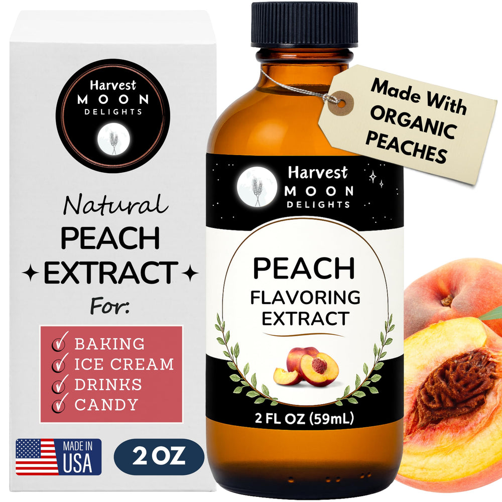 Harvest Moon Delights front bottle view showcasing clear peach extract and label benefits