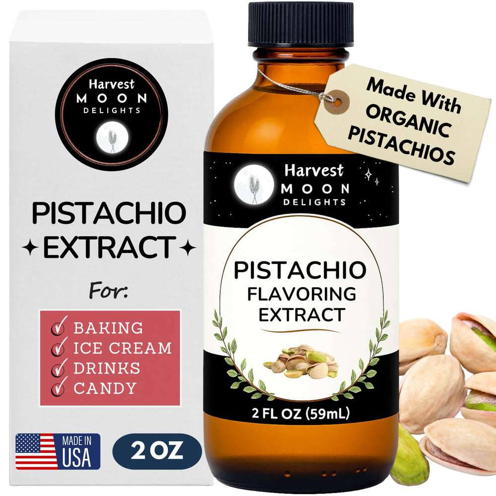 Harvest Moon Delights front bottle showing pistachio extract and clear labeling benefit of authentic flavor