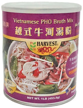 Harvest 2000 front can of pho broth mix showing brand and size, easy cooking benefit
