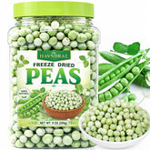 HAVNDRAE front jar view showing 9oz freeze-dried peas, convenient storage benefit