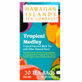 Hawaiian Islands Tea Company front box showing mango kiwi imagery and 20 tea bags benefit: easy gifting