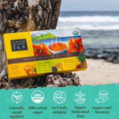 HAWAIIAN NATURAL T·E·A iced glass with tea and fruit garnish showing refreshing serving idea