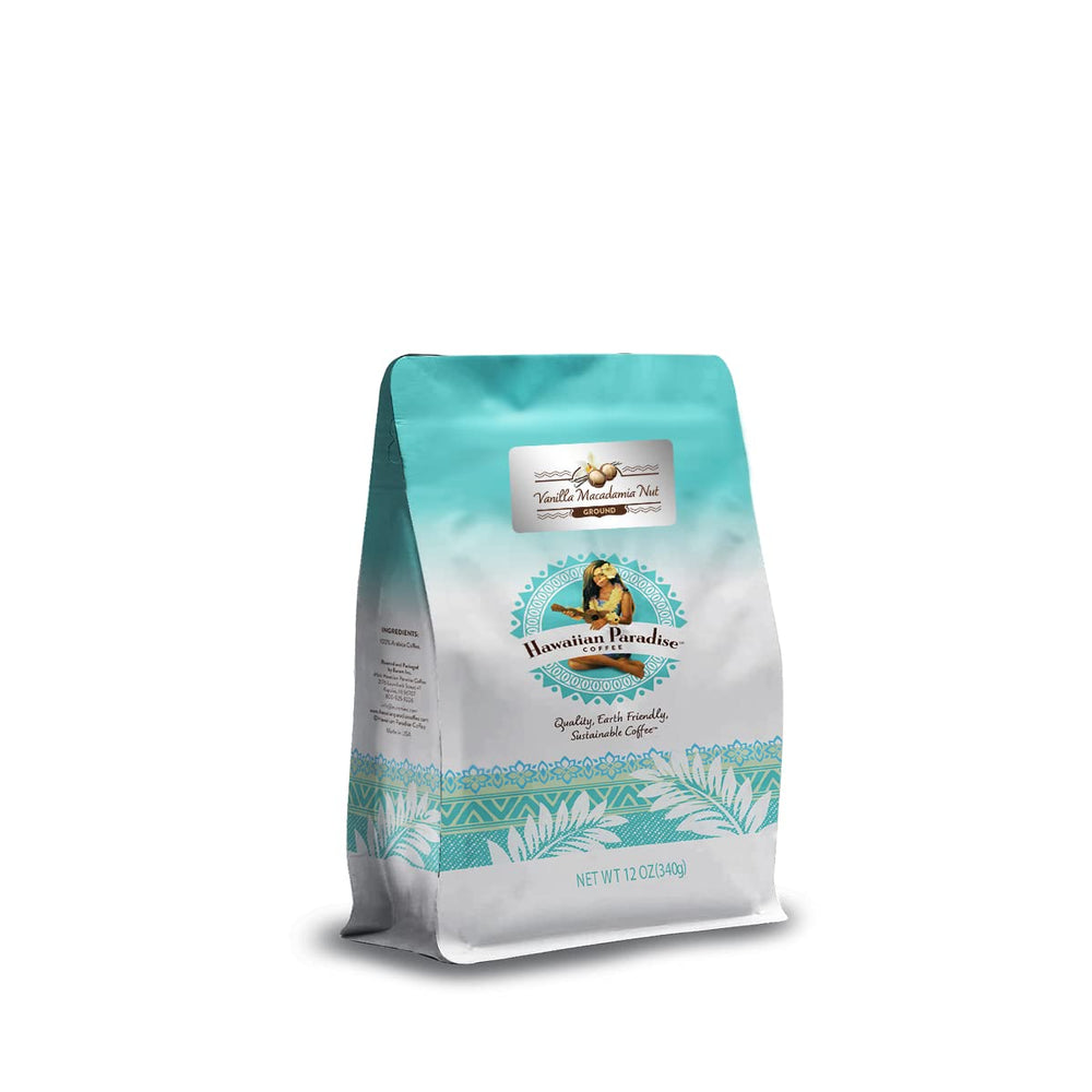 Hawaiian Paradise Coffee front packaging showing flavor and 12 oz size for gift appeal