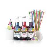 Hawaiian Shaved Ice front packaging showing three 16 oz bottles and included accessories for easy serving