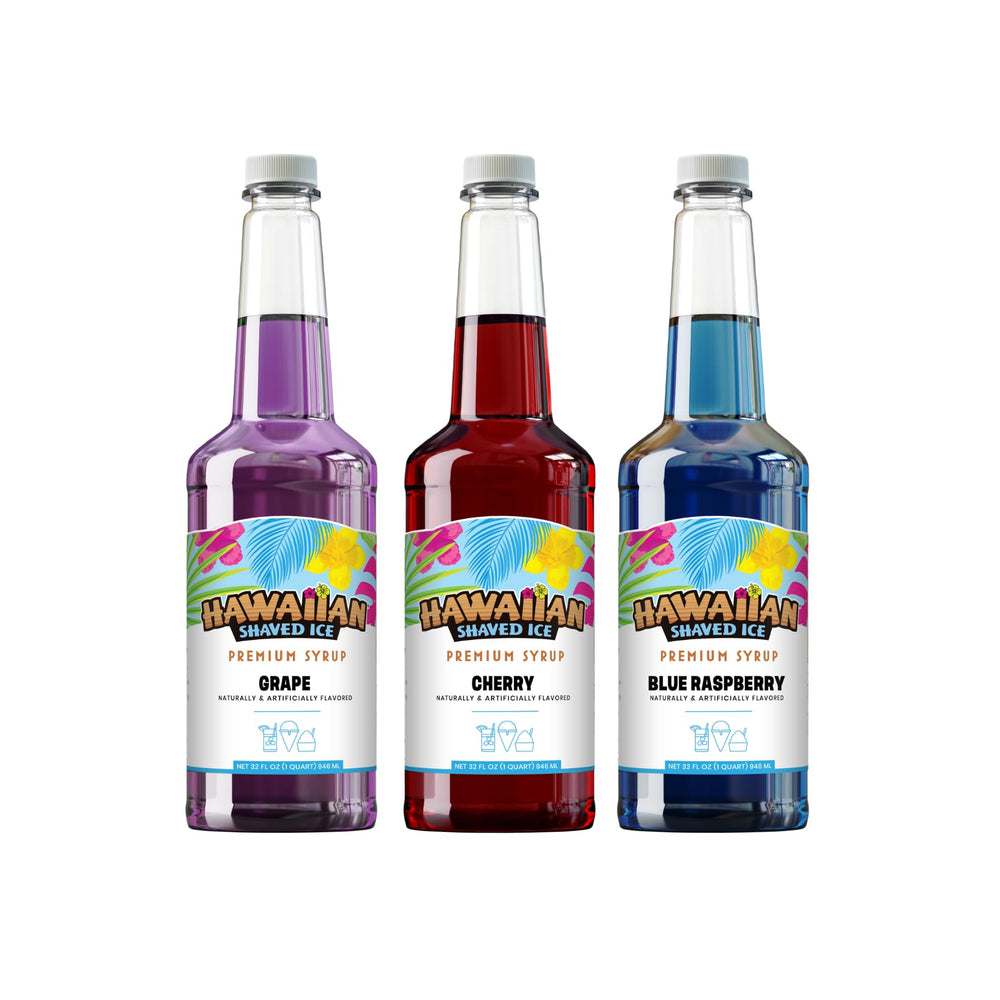 Hawaiian Shaved Ice front packaging showing three quart bottles and labels providing convenience