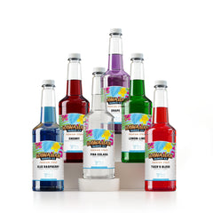 Hawaiian Shaved Ice front packaging showing six 32 oz bottles and variety benefits