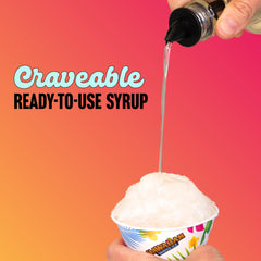 Hawaiian Shaved Ice bottle held in hand for scale, demonstrates compact size and party-ready portioning