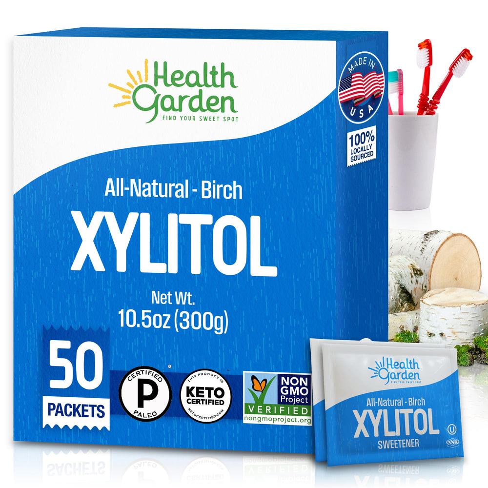 Health Garden birch xylitol front view showing 50 packets and clear serving benefit
