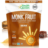 Health Garden front pouch view showing golden monk fruit sweetener and branding benefit convenience