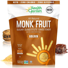 Health Garden front pouch view showing golden monk fruit sweetener and branding benefit convenience