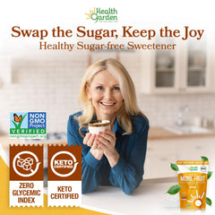 Health Garden measured cup demonstrating 1:1 sugar substitution convenience