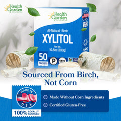 Measuring cup with Health Garden xylitol packets showing 1:1 sugar replacement