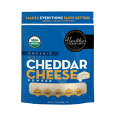 Healthier Comforts front package shows organic white cheddar powder benefits