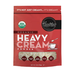Healthier Comforts front packaging showing organic powdered heavy cream benefits