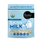 Healthier Comforts front packaging showing organic skim milk powder benefits