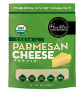 Healthier Comforts front label showing organic parmesan benefits