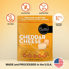 Healthier Comforts powder close-up texture revealing fine, mixable cheddar consistency
