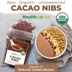 Healthworks Superfoods nibs sprinkled on oatmeal offering chocolate crunch